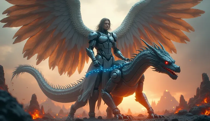 **"A futuristic robotic male angel with an organic, human-like masculine face and majestic wings, holding a massive glowing blue chain. The angel exudes strength and authority, binding a colossal robotic dragon-serpent. The dragons metallic body writhes in...