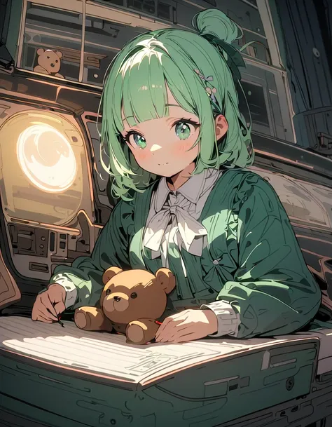 (8K, best quality, master piece: 1.2),super high resolution,1igirll,solo,16yo,ultra-detailed face,ultra-detailed eyes,topknot, single hair bunblunt bangs,mint green hair,writing a book, sitting on a sofa,with teddy bear,Nostalgic Smile,mascara,(in front of...