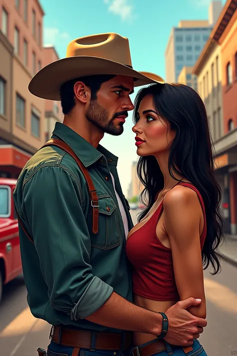  Digital masterpiece drawing of a couple . He is a handsome man, Cowboy with masculine features ,  similar to Quentin Emery is washing a beautiful woman with black hair and green eyes looking like a model,  with a face similar to Ersa Bilgic .  Next to a b...