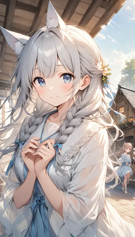  girl、White Toso 、Led, long hair、Beautiful Hair、Partial braids、 he stares at me with a strange expression.cute、 blue eyes、outside、 Shy Facing 、village、Wooden House、 girl、 has a nice smile、 they are dancing、、(Panties visible )、 chandeliers 、Sunlight shines ...