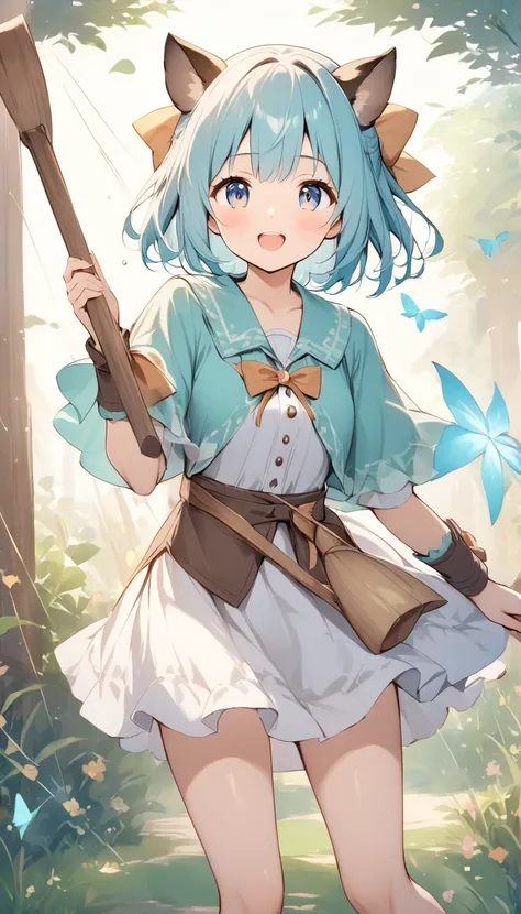    holding a wooden bow bright lines and soft colors create a dreamy effect., A fleeting impression.., one woman 、Girl with a wooden bow    、I have a wooden bow、cute、  Fantasy Villagers 、Background white、 pee 