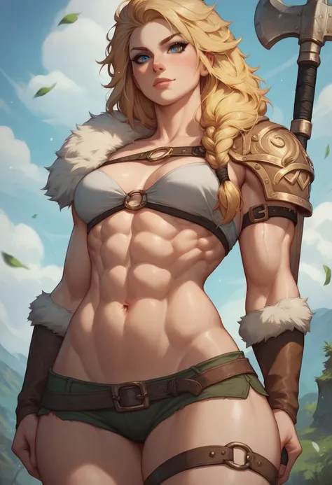 A Tomboy woman ,  toned body, average breasts,  marked abs,  thick thighs , light skin,  golden blonde hair and blue eyes, She wears Viking ,  consisting of clothing left over ,  clothing with animal skin 