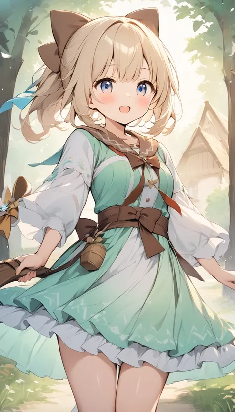    holding a wooden bow bright lines and soft colors create a dreamy effect., A fleeting impression.., one woman 、Girl with a wooden bow    、I have a wooden bow、cute、  Fantasy Villagers 、Background white、 pee 