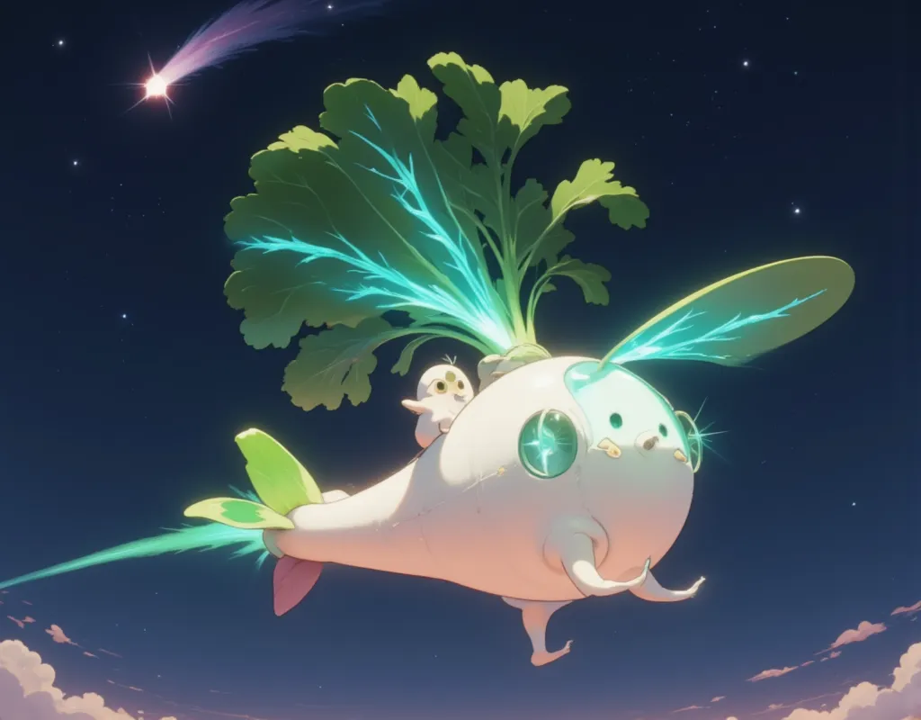 cute helicopter in the shape of a white radish, green glowing helicopter wings, searchlight, white radish pilot, night flight, s...