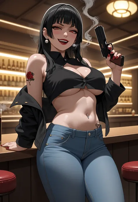 jabami yumeko, black hair, long hair, blunt bangs, nail polish, red nails, , evil smile, smug, smirk, anime coloring, unusually open eyes, ear piercing, long hair, blush, lipstick,Hot girl, baddie, smoking, sensual, attractive ,,bar background, inside bar,...