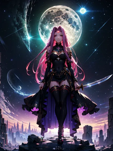  黒マントを着た裸の Medusa の少女が渦巻の中を飛んでいる,   anime fantasy artwork sitting on a rock with a full moon in the background。sitting on a rock、There is a full moon in the background。 Medusa , Hair is made of snakes、Mythical world、 Glaring works， Anime Fantasy Illustrati...