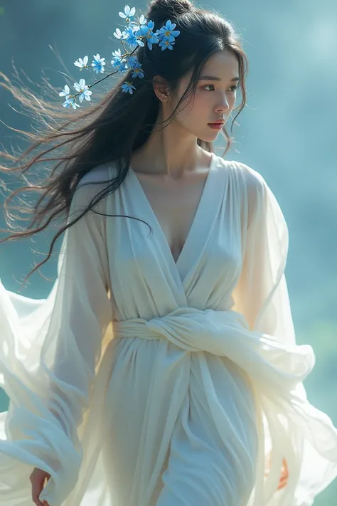 loose tunics of pale and soft colors that flow around her as she moves .  Her dark, lustrous hair falls in soft waves around her face and often decorates it with flowers beautifully dyed blue.