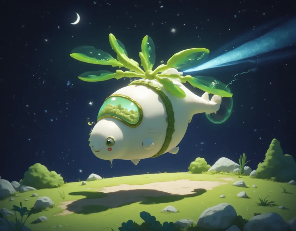 cute helicopter in the shape of a white radish, green glowing helicopter wings, searchlight, white radish pilot, night flight, s...