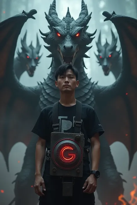 A 27-year-old man with black hair, wearing a black round-necked shirt with a AIP official design, holding a 9,6 K follower Facebook shield, and behind him is a three-headed dragon looking at him with red eyes.