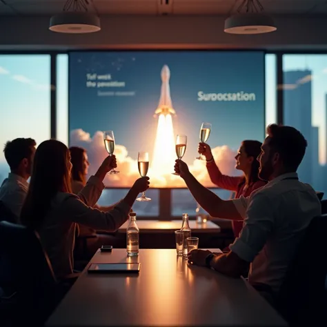  Several people in the office , Celebrate ,  happy with champagne the companys success .  Theres a big screen with a rocket being launched.  It says Success . Its a modern room , illuminated.  Daylight goes through the glass window . realistic photograph.