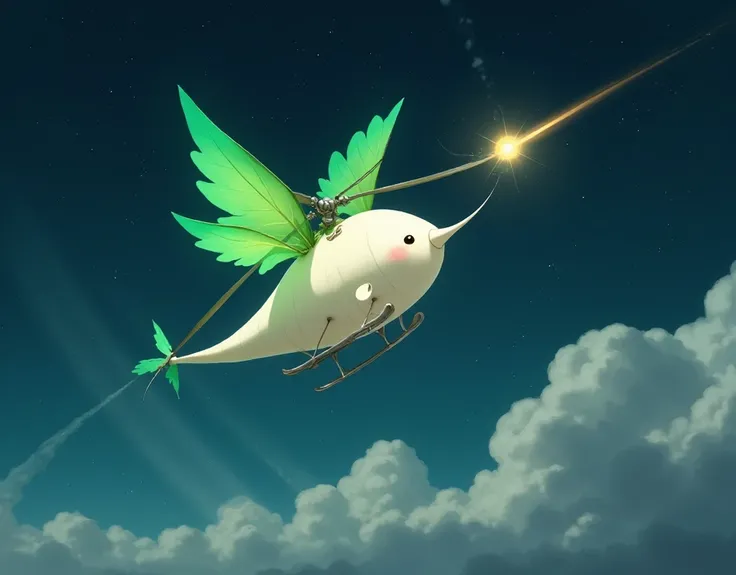 Cute helicopter in the shape of a white radish, green glowing helicopter wings, searchlight, white radish pilot, night flight, shooting star.