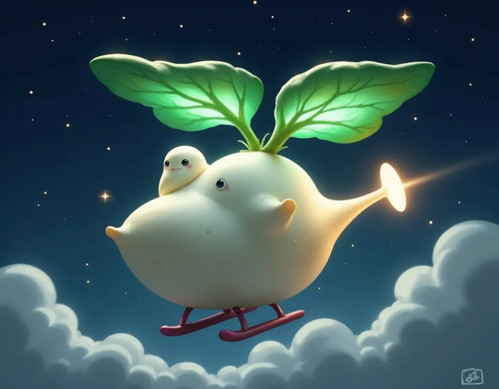 cute helicopter in the shape of a white radish, green glowing helicopter wings, searchlight, white radish pilot, night flight, s...