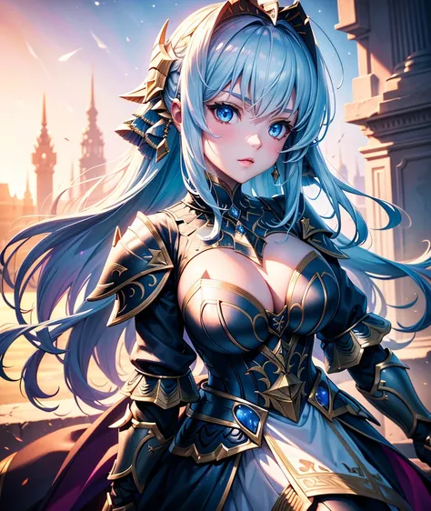  Bust ((From face to waist))  Beautiful Girl in Elegant Knight Armor with Ultra-Realistic Detailed Tight Decorations,   Sharp Galactic Glowing Eyes with Attention to Details  , (( Brilliant Colourful Fringes )), Cinematic Lights 8k , (masterpiece),  sharp ...