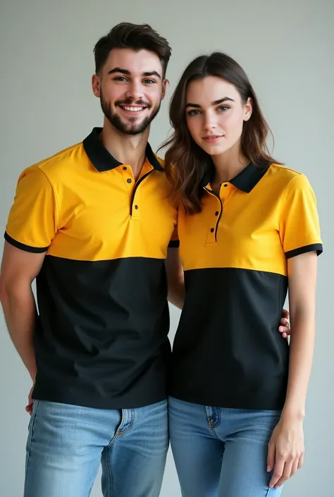 2 people,  a white American man and woman wearing the same business polo, above the pants,  polo the half of the top yellow,  and the other half of the bottom black , with yellow sleeves ,  with black shirt collar , with 2 black buttons ,  smiling,  light ...