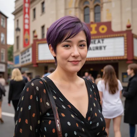 woman in her early 40s, stylish pixie cut with purple highlights, wearing bohemian-style clothing, standing in front of a vintage theater marquee