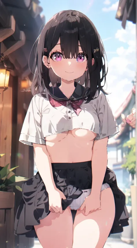 BEAUTIFUL EYES,show panties:2.0,underboob,anime style,beautiful face,masterpiece, best quality, very aesthetic, absurdres,1cute girl, lifting the skirt, grabbing the hem of the skirt, hand on chest, hand between legs, smiling