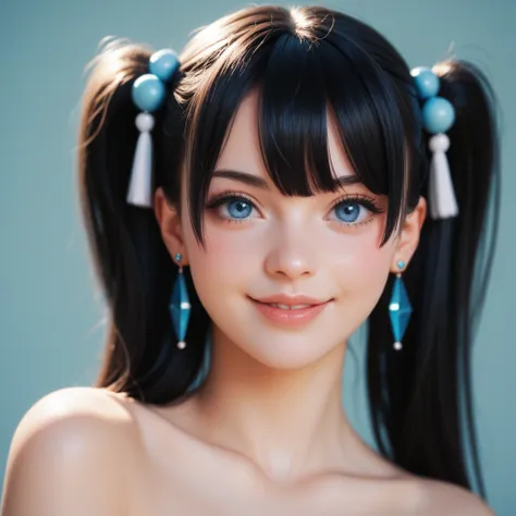  a girl, fringe, breasts,  long hair ,  High resolution,  blue eyes,  black cabello,  Twin tails,  simple background ,  Hair ornament ,  Hair between eyes , Earrings,  Split lips , blush, smile, slut, nsfw, uncensored