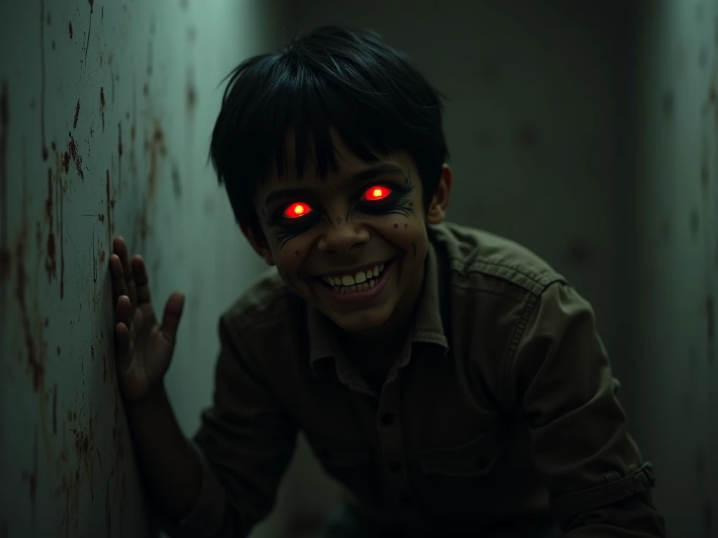 A cinematic horror scene.
A demon possessed dark skinned young boy cowering at a corner of a dimmly lit room, with red glowing eyes and a sinister mischievious  grin on his face. Looking at viewer, 
He is in tattered clothes and the walls bear scratch mark...