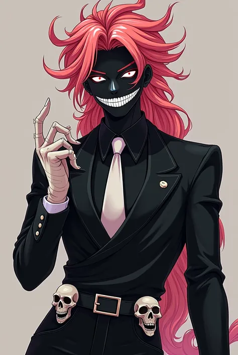 Male anime , totally black face ,  pumpkin-style white smile,traje elegante, bandage on the left hand ,pale right hand ,  black pants with skulls , an extravagant hairstyle that looks like strips of bacon ,with reddish colors , pink and white and shiny wit...