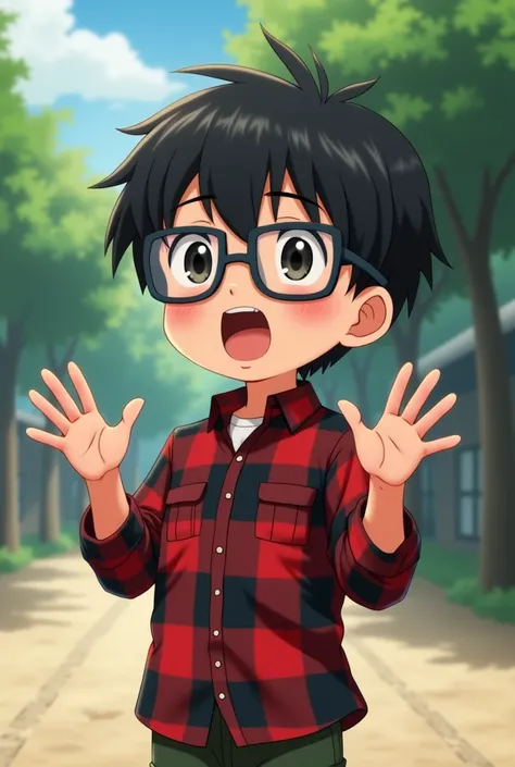  realistic anime boy with red and black checkered shirt,  black hair and lenses , Short boy, Telling a funny story
But with black lenses 