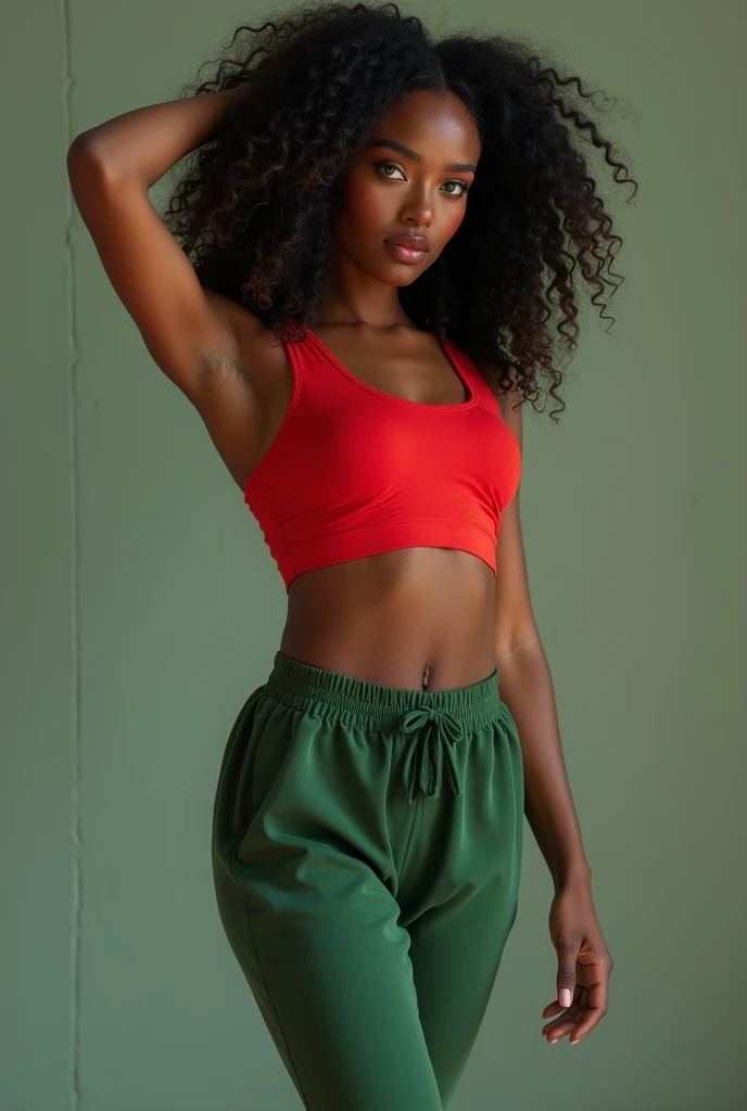  A woman with dark brown skin with green eyes, curly hair color black ,  dressed as a contemporary dancer ,  a red top and a green jogger 