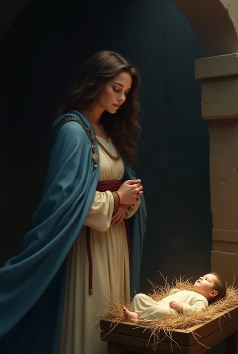 Realistic image of Mary next to the manger of the baby Jesus 