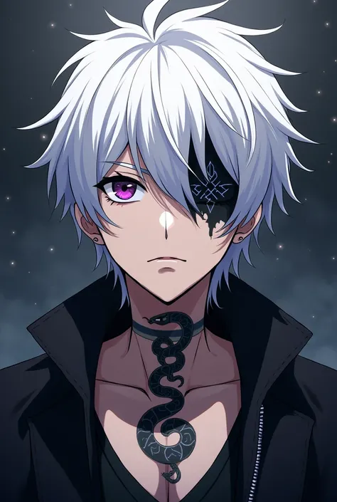 Age: 16
Gender :  man
Low and normal-weight build : 
Eyes :  one of your eyes is black and you have an x in your eye and the other one is just black
Cabello:  white and underneath is black
Attire : Jujutsu Kaisen anime outfit
He has a tattoo of a snake on ...