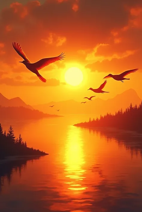 Make me a sunset with birds with warm colors