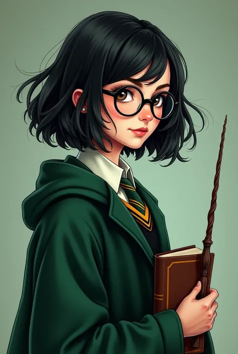 I was going to create for me an image of a young woman with black glasses with short black hair at shoulder length , dark brown eye color, With the clothes of Draco Malfoy from Harry Potter With the cover with the tie in green and with a wand in one hand a...