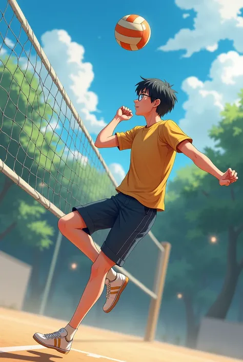 Tall boy with glasses ,  straight dark hair playing volleyball 