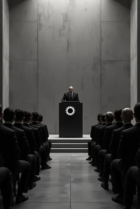 
A meeting of the general assembly of the technocratic party. The room is raw concrete. The stage and the pulpit are black. The pulpit has a 12 point white gear wheel in the center. The people are wearing black suits and black ties.