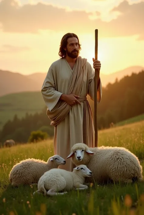 "Jesus Christ standing in a lush, green field at sunset, holding a wooden shepherds staff. He is wearing simple robes, his face gentle and serene. His arms are protectively around a small flock of sheep, symbolizing care and guidance. The sheep are gathere...