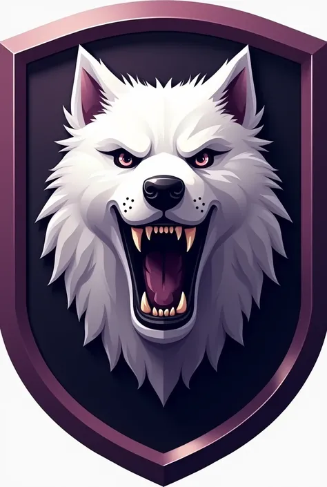 A 3D shield logo in purple and black with an intimidating looking white Samoyed, showing ferocity with their fangs  