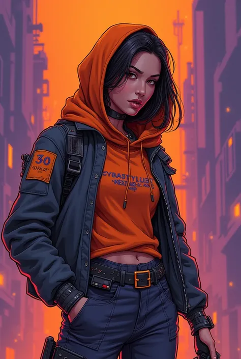 Illustration of athletic Arab American brunette hair cyborg girl Amilah Hassan aka glitch  (orange hijab), (orange and purple color scheme), ((Dystopian futuristic)), ((Cyberpunk)), ((Cyberpunk environment)), (Detailed environment)) art in the style of Ale...