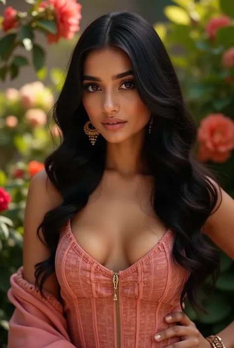 Create a 16:9 frame of a stunning Indian girl with glowing, smooth skin and long, wavy black hair. "A stunning and glamorous Indian woman with captivating beauty, wearing an elegant and fashionable outfit. She has radiant skin, expressive eyes, and flowing...