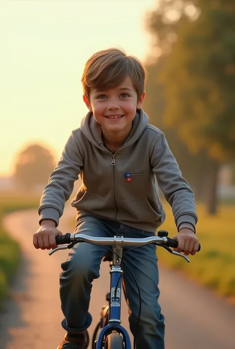 A boy maneuvering on a bicycle (  masterpiece ,  Best Quality ),foto RAW,,extremely detalheed CG,amazing,ultra detailed,hyperrealistic,official art, high-quality texture,incredibly absurd , short hair,  standing, outdoor,smile, is,  plain background,  late...