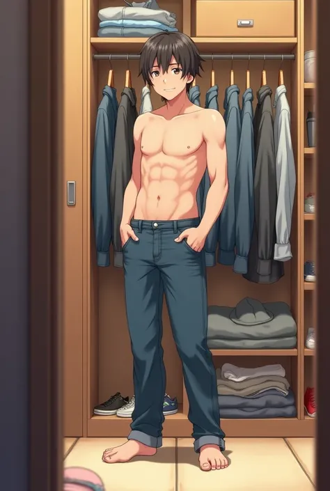 Anime version of a  boy who is in his dressing room with basic clothes jeans shirtless chubby feet peek