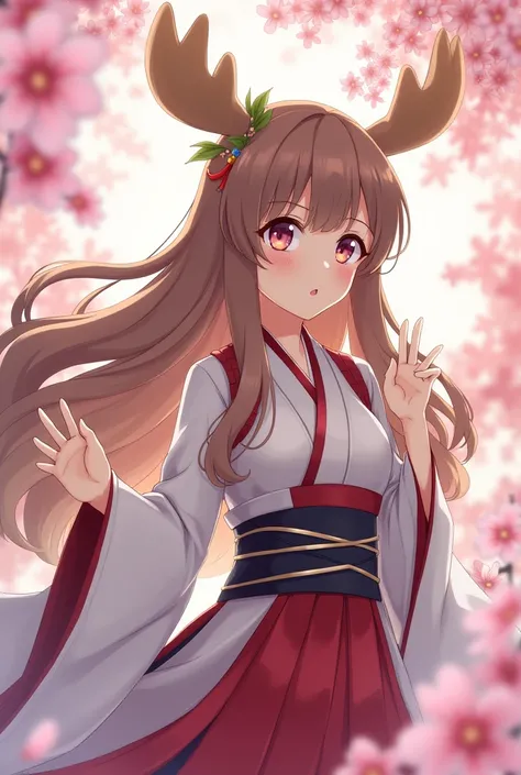 Female humanoid moose wearing Asian-culture clothing long light brown hair posing on a cherry tree, Increase the animation, Reduce the size of the snout and give it anime animation, Remove the horns and give it a smaller touch of animation