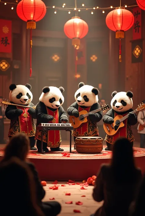 "Imagine a group of pandas forming a band using traditional and modern musical instruments. What instruments would they play, and how would their music sound? Describe the setting, the energy of their performance, and how the audience reacts."