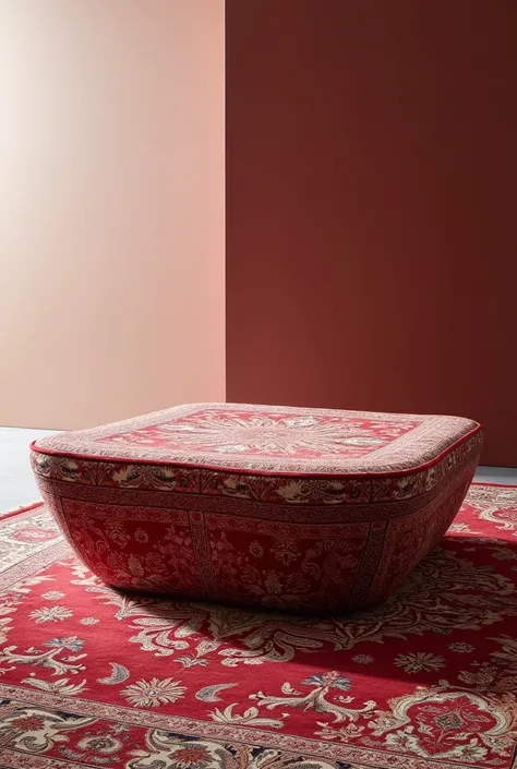 RED PERSIAN CARPET WITH TRADITIONAL DESIGNS THAT IS SHAPED LIKE A TABLE AND HAS A MINIMALIST AND MODERN AND CURVED SHAPE BUT FOLLOWS A SQUARE SHAPE 