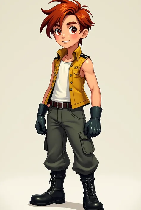  Create a boy with fair skin and red eyes with reddish brown hair with half split bangs who wears sunglasses and his clothing is a gold-colored vest and a white sleeveless t-shirt that he wears under his vest, dark gray military cargo pants and black milit...