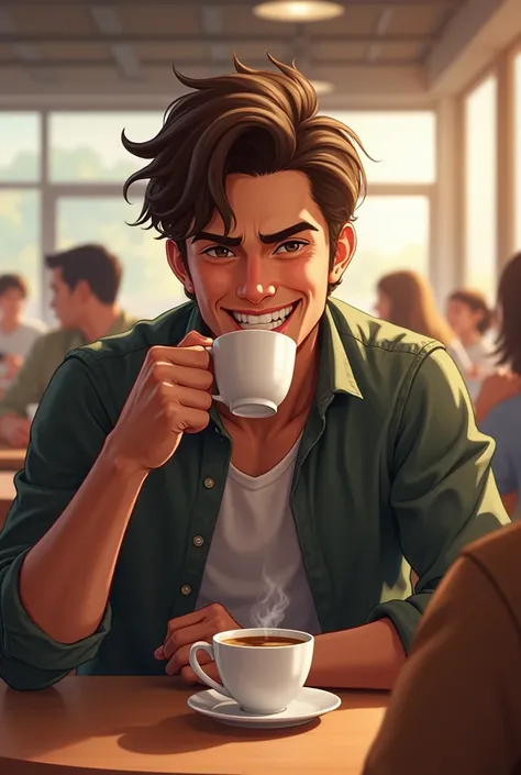 Man sitting in cafeteria drinking coffee, smirking coffee toward his face, bringing his face together 