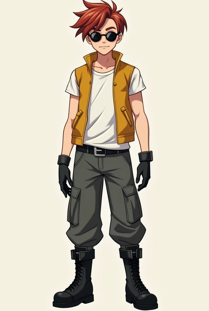  Create a boy with fair skin and red eyes with reddish brown hair with half split bangs who wears sunglasses and his clothing is a gold-colored vest and a white sleeveless t-shirt that he wears under his vest, dark gray military cargo pants and black milit...