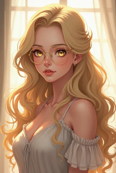 Beautiful chichona anime girl with long curly blonde hair and gold lenses