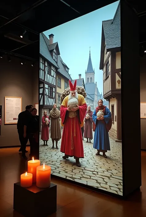 Inside the exhibition hall, media art is in progress. There is a huge media panel on the wall, and several medieval candle models are placed in front of the panel. The panel shows St. Nicholas distributing gifts to poor ren on the streets of the Middle Age...