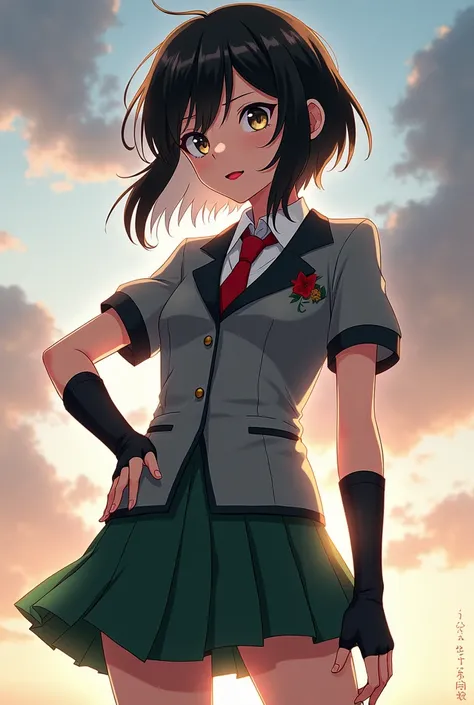 screenshot my Hero academy. 16-year-old girl with black and white hair and two strands of hair in front, her hair is short and her lips are red, she wears the UA uniform, gray blazer and green shorts and a red tie, a green skirt and she wears brown leg war...