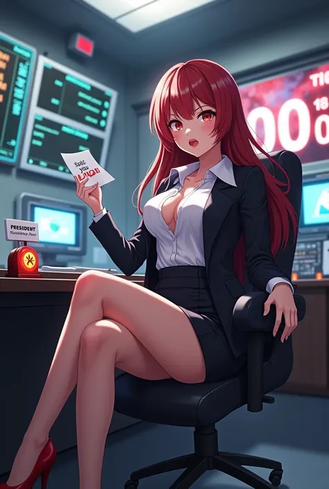  inside the military base battle room .  The whole space is filled with a workbench 、 Electronic equipment and screen ,  Full HD full body image ,  The cutest, sweetest and sexiest anime-style presidential girl is sitting on a chair in front of the preside...