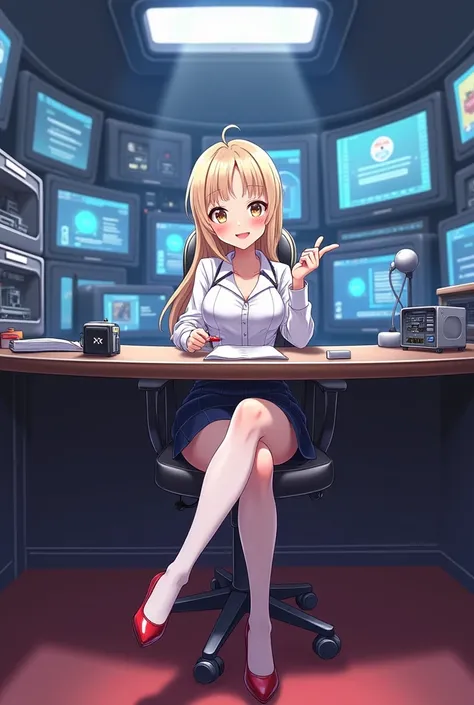  Close to the Ground Viewing Angle , Full body image, panoramic,  inside the military base battle room .  The whole space is filled with a workbench 、 Electronic equipment and screen , 全高清Full body image,  The cutest, sweetest and sexiest anime-style presi...