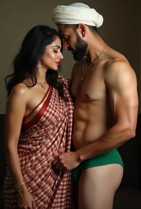 a hot hindu married mother, extremely sexy, big boobs, checkered saree, the woman is in her mid 30s wearing a saree is having passionate intimacy with a hot young shirtless muslim man , the man is wearing a green underwear and a white skullcap, the man is ...