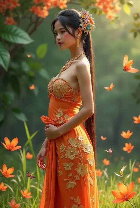 Beautiful Thai girl with long straight hair to her waist, tied in a pony tail, wearing colorful diamond jewelry, standing on the grass, wearing a Thai dress with a strapless top, orange and gold frangipani flowers, embossed in fantasy colors, wearing gold ...